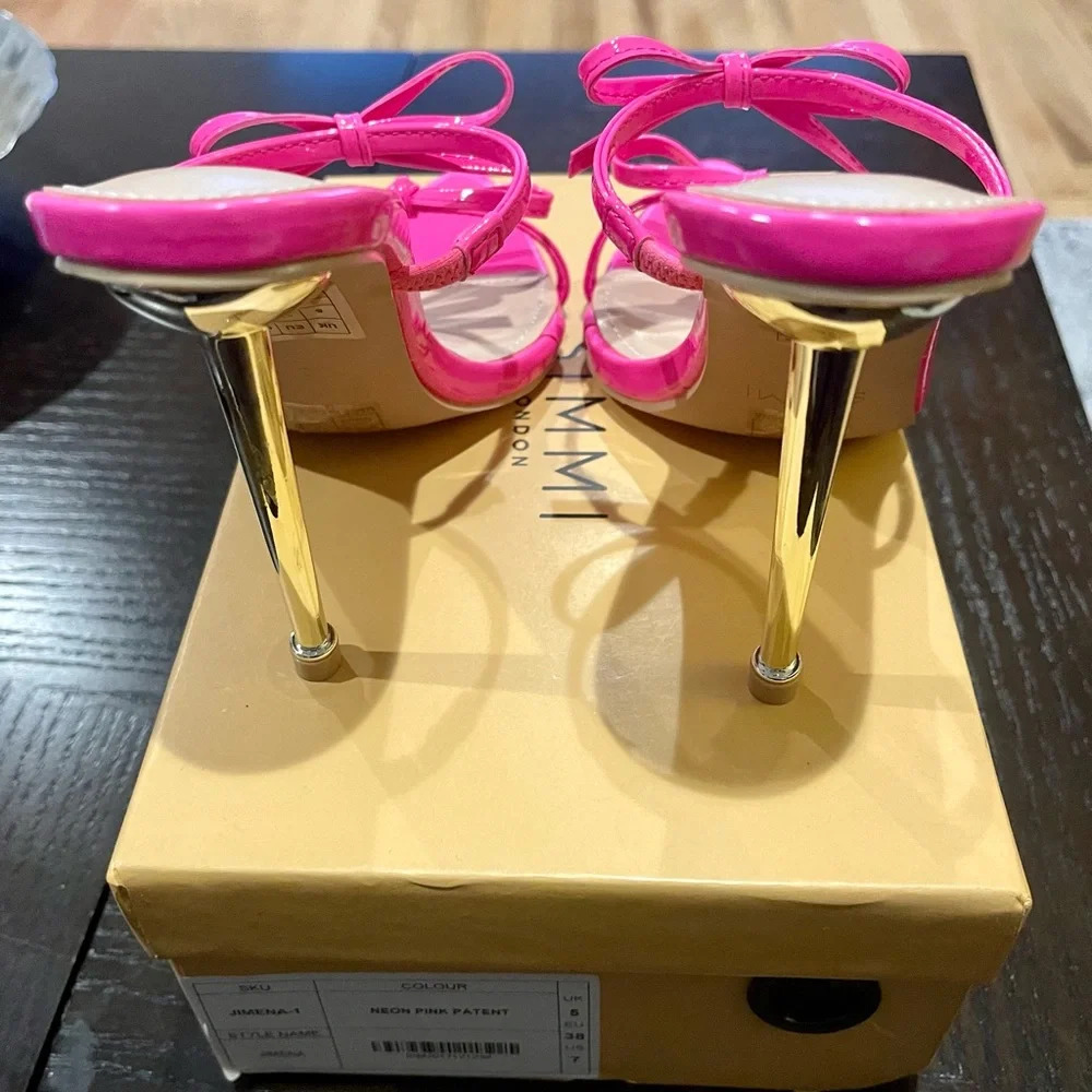SIMMI High Heels Bowknot Neon Pink Patent Sandals Stiletto Mules Shoe Size 8. - Picture 5 of 8
